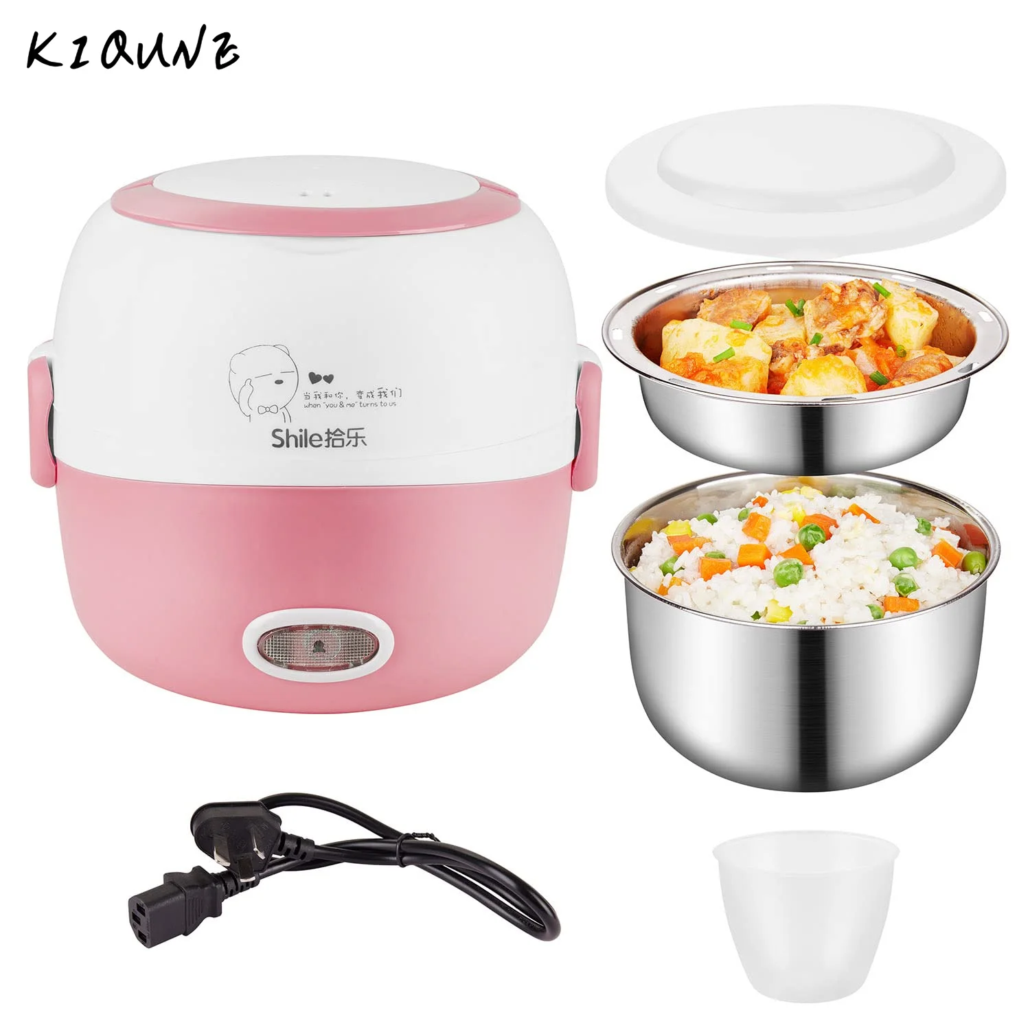 

Electric Lunch Box- 110V 200W Removable Stainless Steel Food Heating Rice Cooker - with Bowl, Plate, Measuring Cup