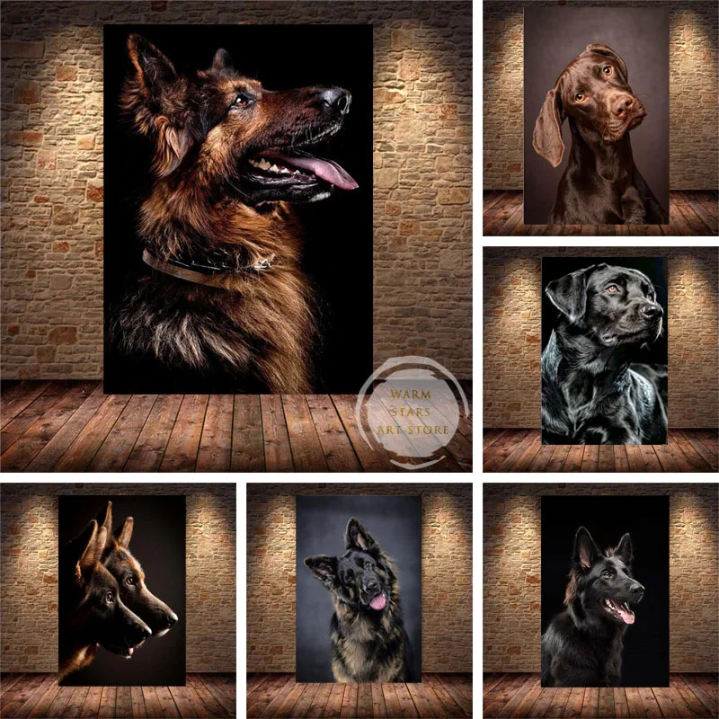 Черно-белая Картина на холсте с изображением немецкой овчарки животных плакаты