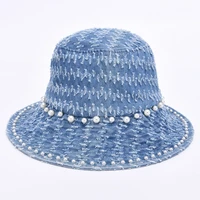 hat women big brim pearls summer beach sun protection cap denim holiday accessory luxury