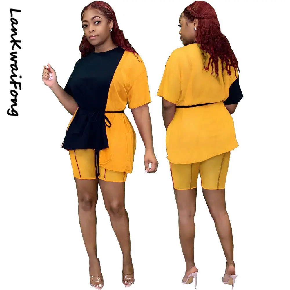 

LKF2023 Casual Summer Women's Shorts Suit with Waistband and Contrast Color Splicing Short-sleeved T-shirt Top 2 Sets