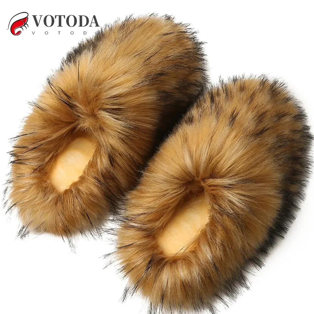 

Luxury Faux Fur Slippers Furry Shoes Women Raccoon Fox Fur Slides Flat Plush Fuzzy Flip Flop Winter Warm Fluffy Slipper Woman
