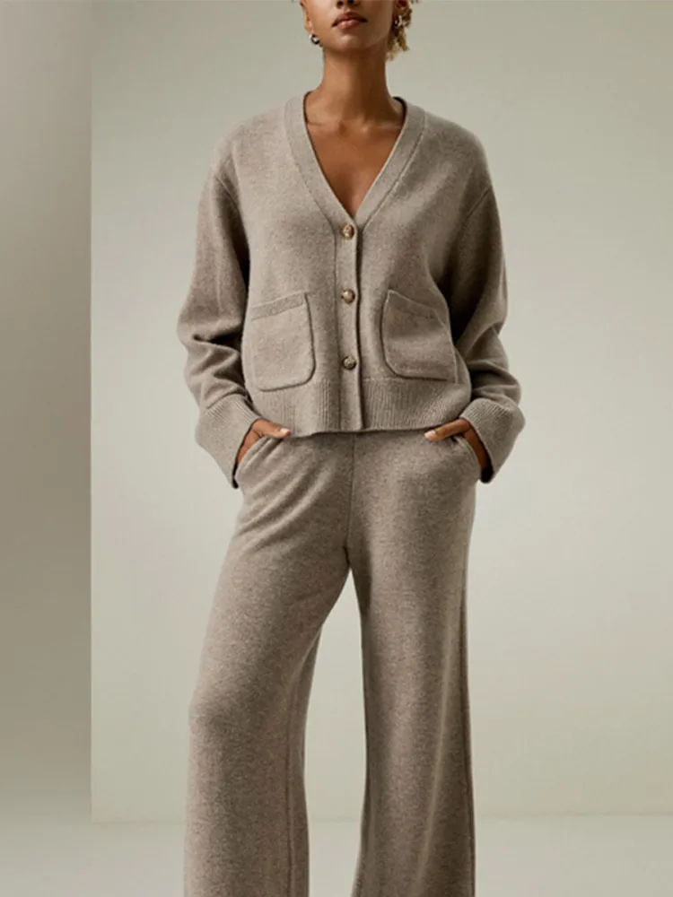 Повседневные однотонные свободные комплекты с широкими брюками для женщин