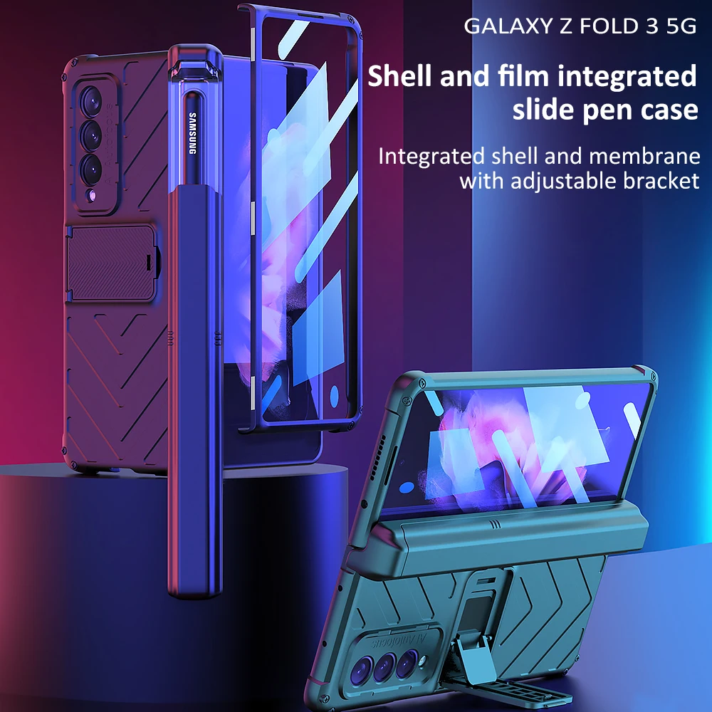 Magnetic Armor Case For Samsung Galaxy Z Fold3 Hinge With Kickstand Adjustable Pen Holder Pc Anti-drop Slide Rail Pen Case Funda