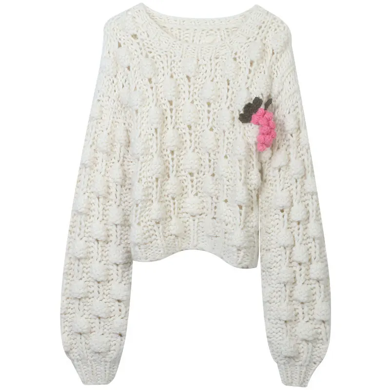 

White Sweater Pullovers Women Knitted Crop Tops Handmade Crochet Jumper Fruit Fashion Jersey 2022 Autumn Winter Japanese Korean