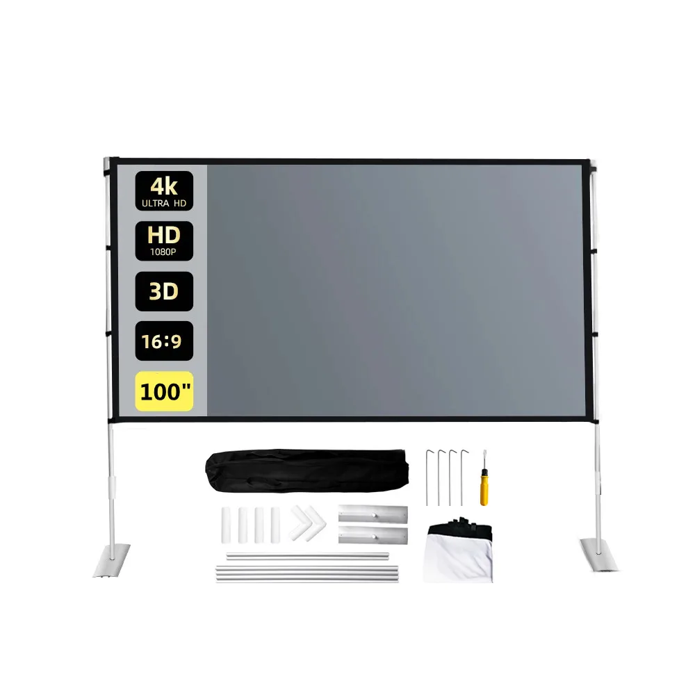 Экран для проектора 4K HD со стабильной подставкой, 100 дюйма, 3D занавеска, Портативная сумка для переноски, для домашнего кинотеатра, для улицы, для кинотеатра