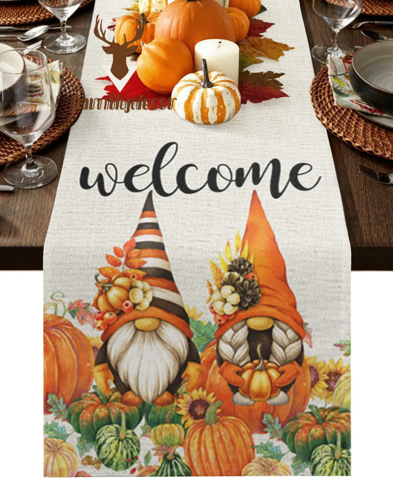 

Fall Gnome Pumpkin Welcome Dining Table Runner Banquet Feastival Party Tablecloth Modern Printed Table Runners Placemat