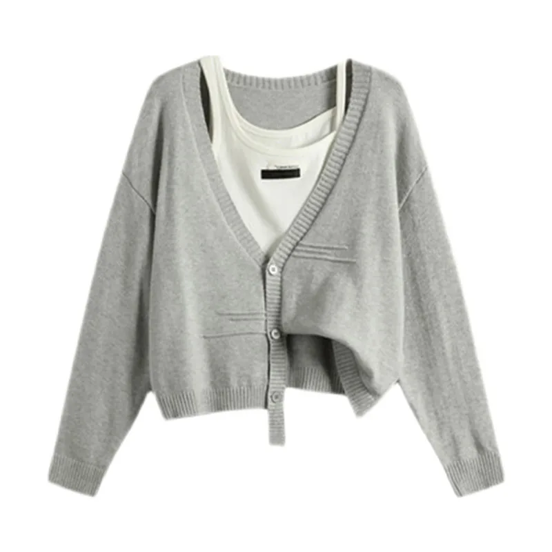 

Женский вязаный свитер на пуговицах, Повседневный Кардиган оверсайз из двух предметов, вязаный жакет с V-образным вырезом, Осень-зима 2022