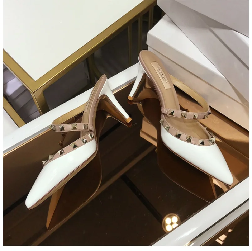 2023 Summer Leather Fashion Brand Women 's Sandals High Quality Riveted High Heels Sexy Party Women's Shoes Comfortable Pumps