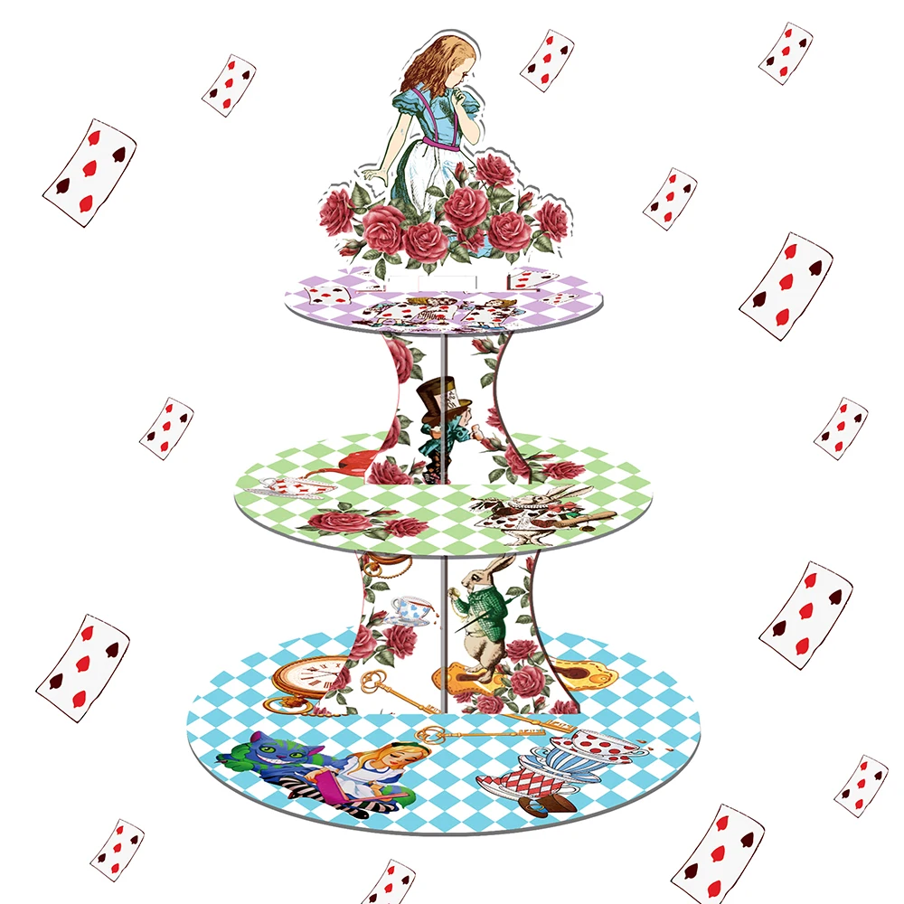 

3-tiers Cartoon Rabbit Alice Tea Rose Spring Birthday Party Paper Cupcake Display Stand Poker Game Baby Shower Party Supplies