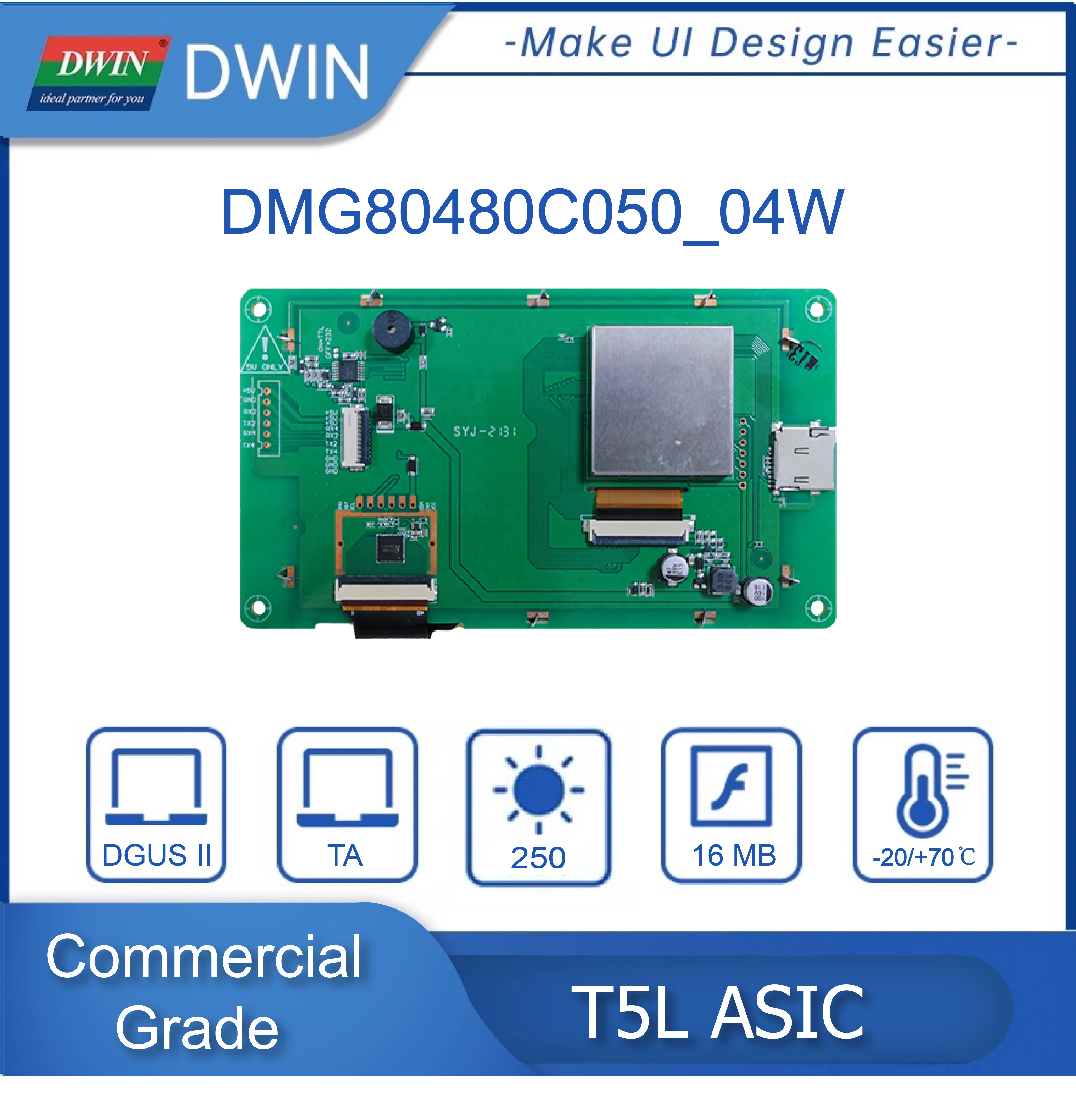 DWIN 5.0 Inch IPS 800x480 Capacitive LCD Display Module HMI TFT TTL/RS232 UART Commercial Grade For Arduino DMG80480C050_04W - купить по