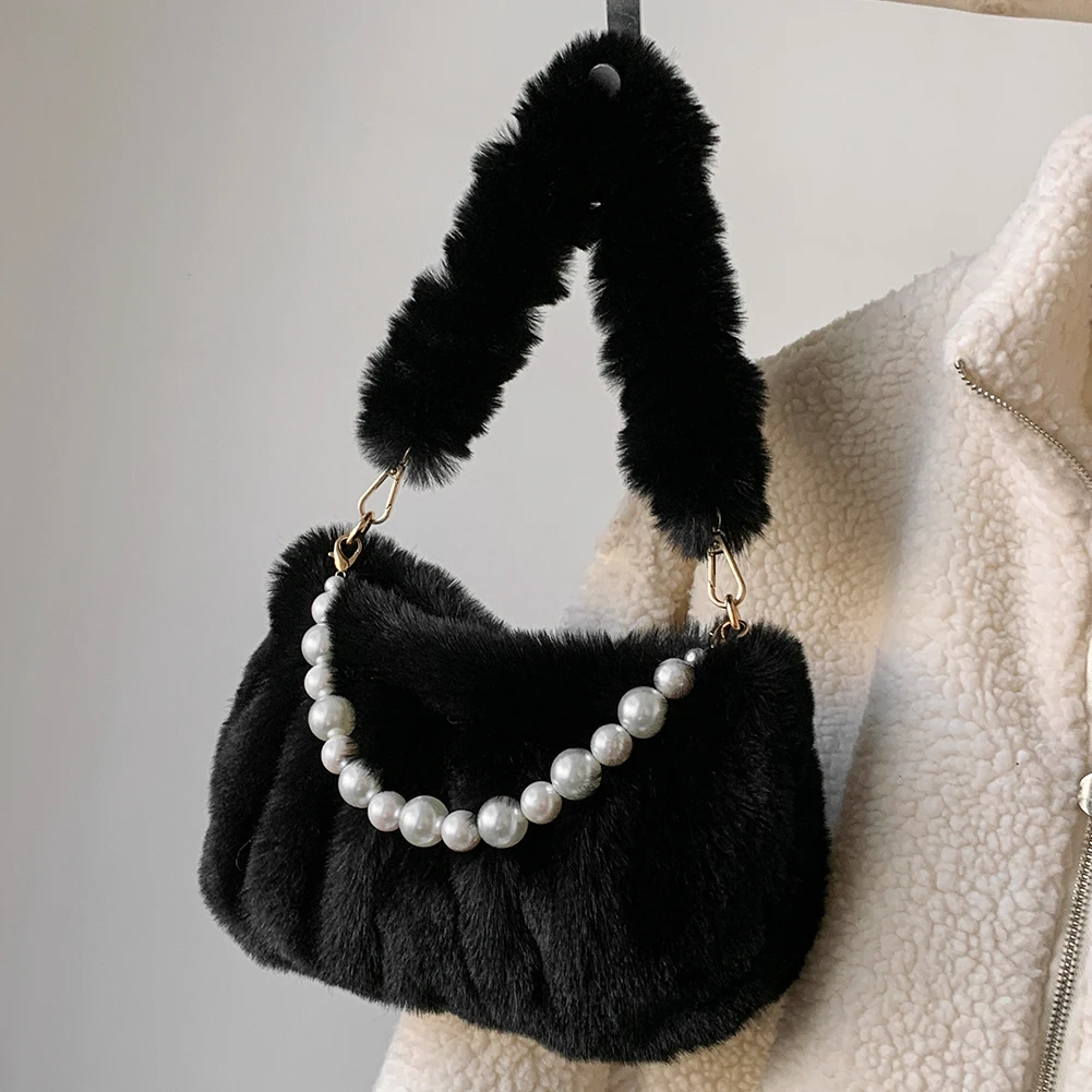 

Women Fluffy Crossbody Bag Soft Fluffy Underarm Bag Solid Color Versatile Faux Fur Hobo Bag Winter Pearl Shoulder Bag Daily Bag