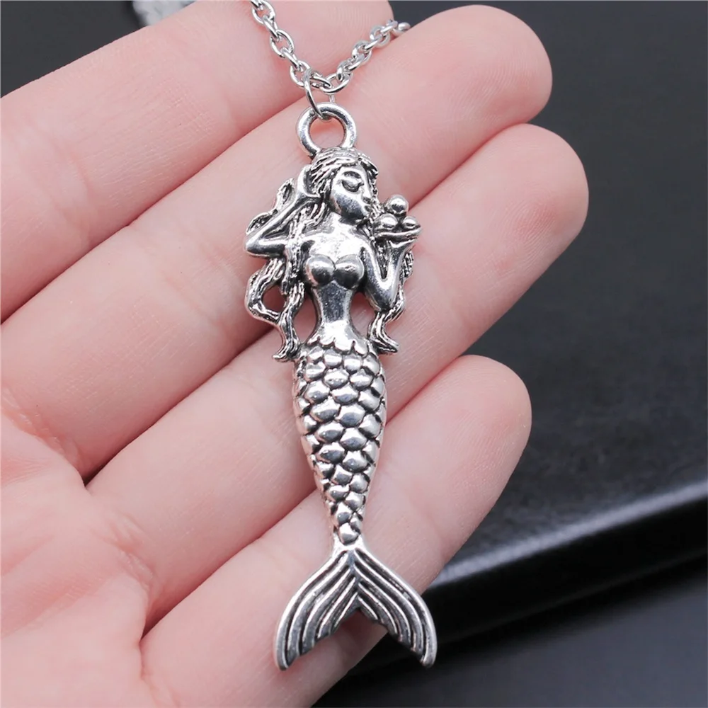 

Dropshipping Antique Silver Plated 20x62mm Mermaid Pendant Necklace For Women Men Long Chain Trendy Jewelry Accessories