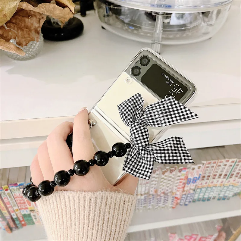 

Plaid Bowknot Black Pearls Beads Phone Case for Samsung Galaxy Z Flip 3 Z Flip 4 Hard PC Back Cover for ZFlip3 ZFlip4 Case Shell