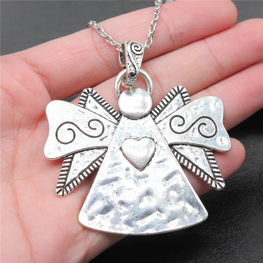 

Прямая поставка, ожерелье с кулоном в виде сердца и ангела с покрытием античным серебром 62x59 мм для женщин и мужчин, длинная цепь, модные ювел...