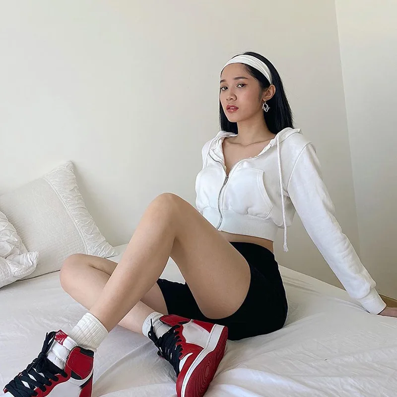 

Fashion Short White Zip Up Hoodie Women Casual Long Sleeve Winter Hooded Sweatshirts Autumn Spring Zipper Y2K Clothes Streetwear