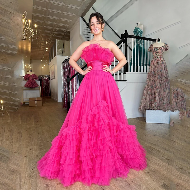 

Rose Red Tiered Tulle Formal Evening Dresses Sexy Strapless Off Shoulder A-Line Prom Gowns Robe De Mariée Customized
