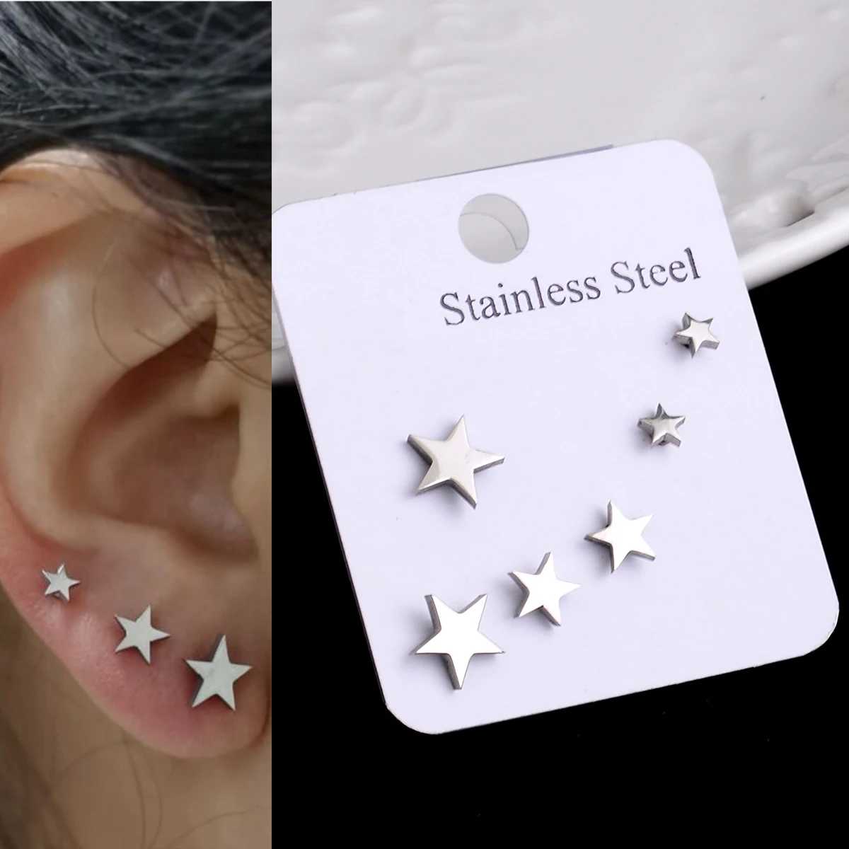 

3 Pairs Set Stainless Steel Earrings Small Cute Star Stud Earrings Set Punk Piercing Earing Women's Minimalist Jewelry 3/6/8mm