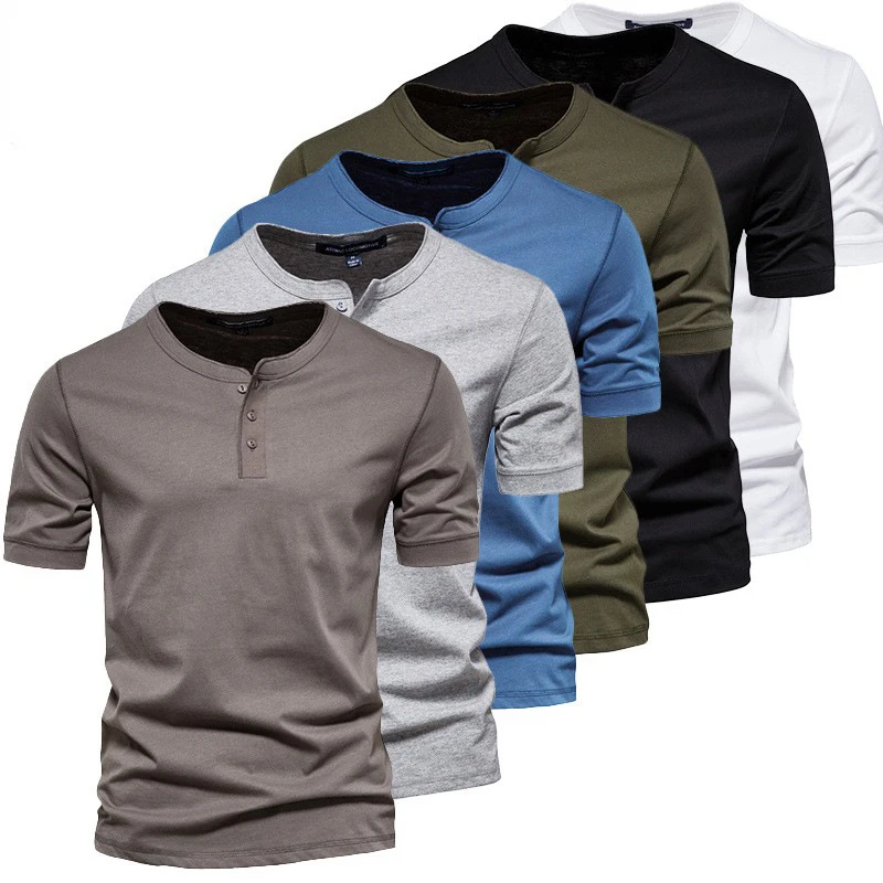 

100% Cotton Henry Collar T Shirt Men Casual High Quality Summer Short Sleeve Mens T Shirts Fashion Basic T-shirt Male