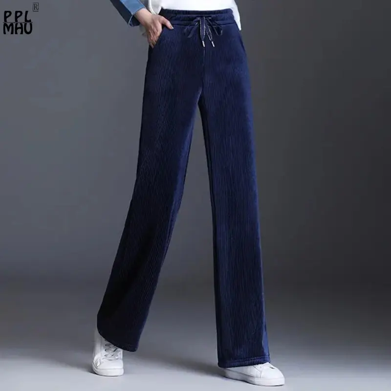 Autumn Drawstring Elastic High Waist Wide Leg Pants Mom Vintage Blue/Black Baggy Pantalones Elegant Loose Corduroy Pants Women