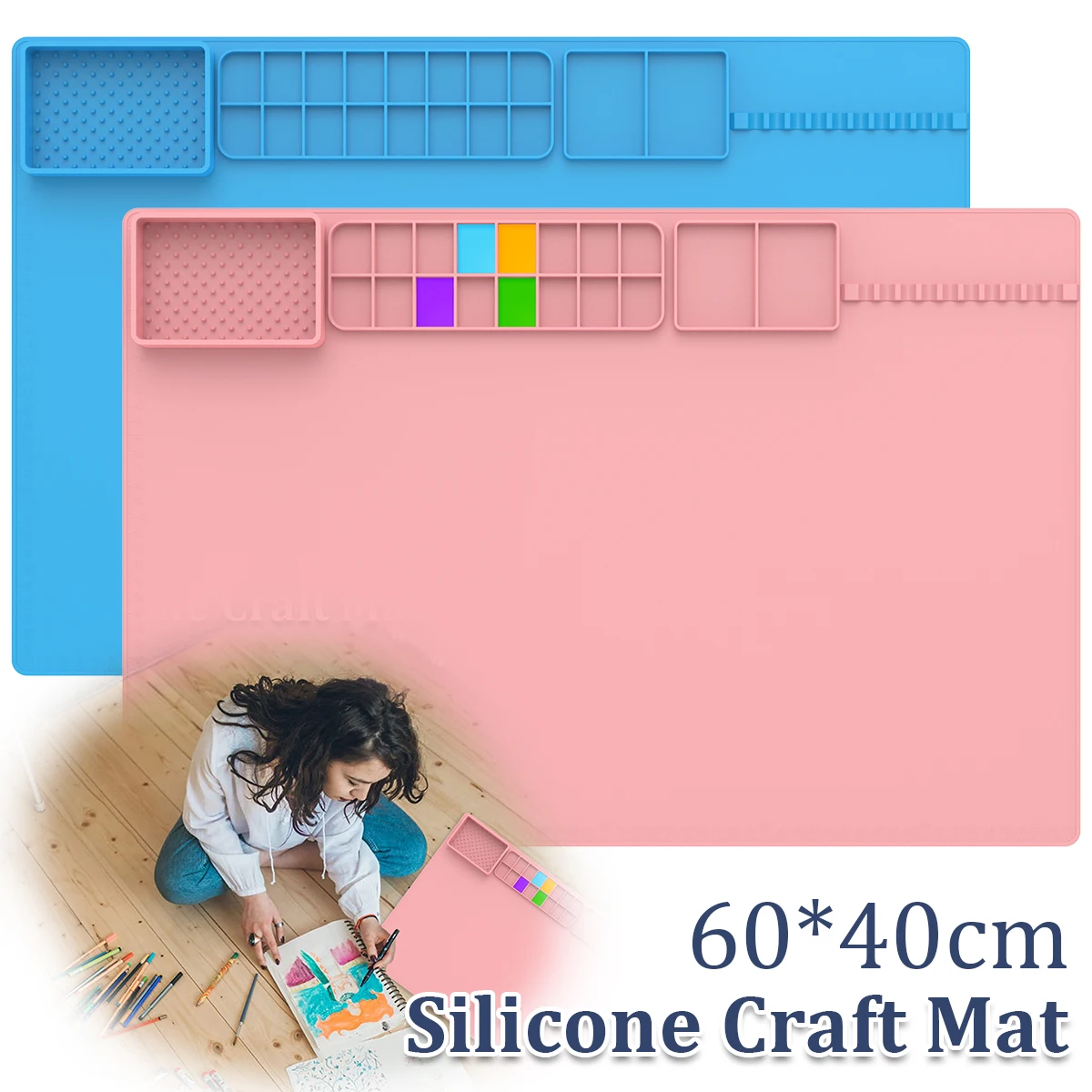 

Silicone Craft Mat Silicone Painting Sheet with Palette Cleaning Cup and Brush Holder Multifunctional Large Silicone Sheet Non
