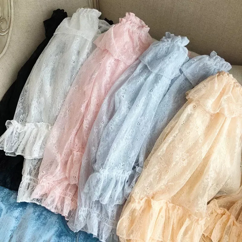 

Summer Ruffles Lolita Mesh Blouse Women Peter Pan Collar Lace Shirt Ladies Flare Sleeve Transparent Bottom Blouses Short Tops
