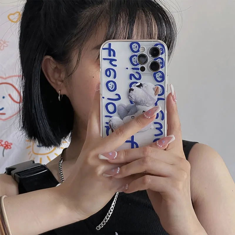 

Korea Cute Alphabet doll Bear Phone Case For iPhone 13 11 12 Pro Max 12 mini X XR XS Max 7 8 Plus Cartoon Transparent Soft Cover