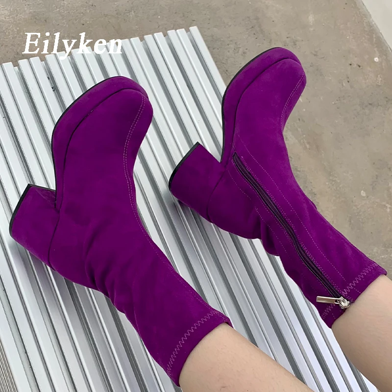 

Eilyken Autumn Winter Women Zipper Round Toe Booties 2022 New Brand Fashion Purple Ankle Boots Square Heels Chelsea Shoes