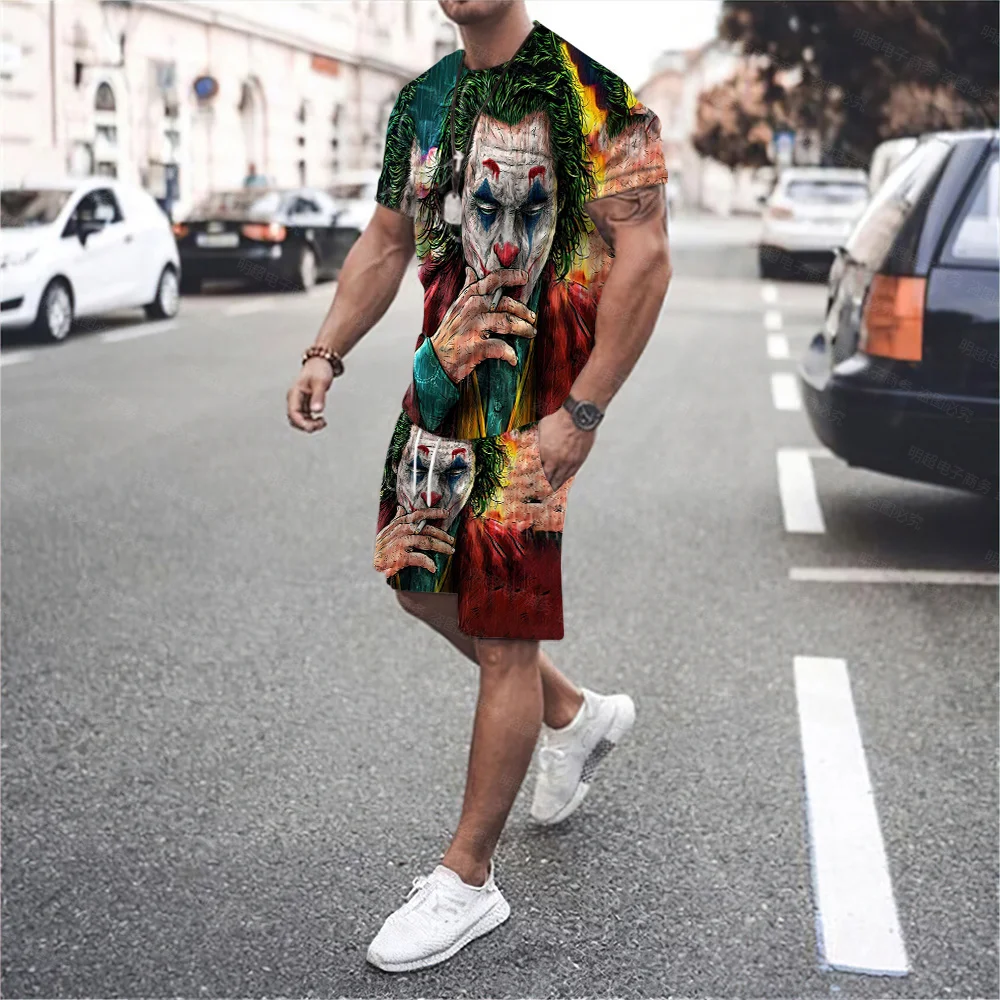 Men's Summer New Funny Clown Series 3D Printing Hip Hop O-Neck Fashion Casual Breathable Top Shorts Two-piece Suit Plus Size