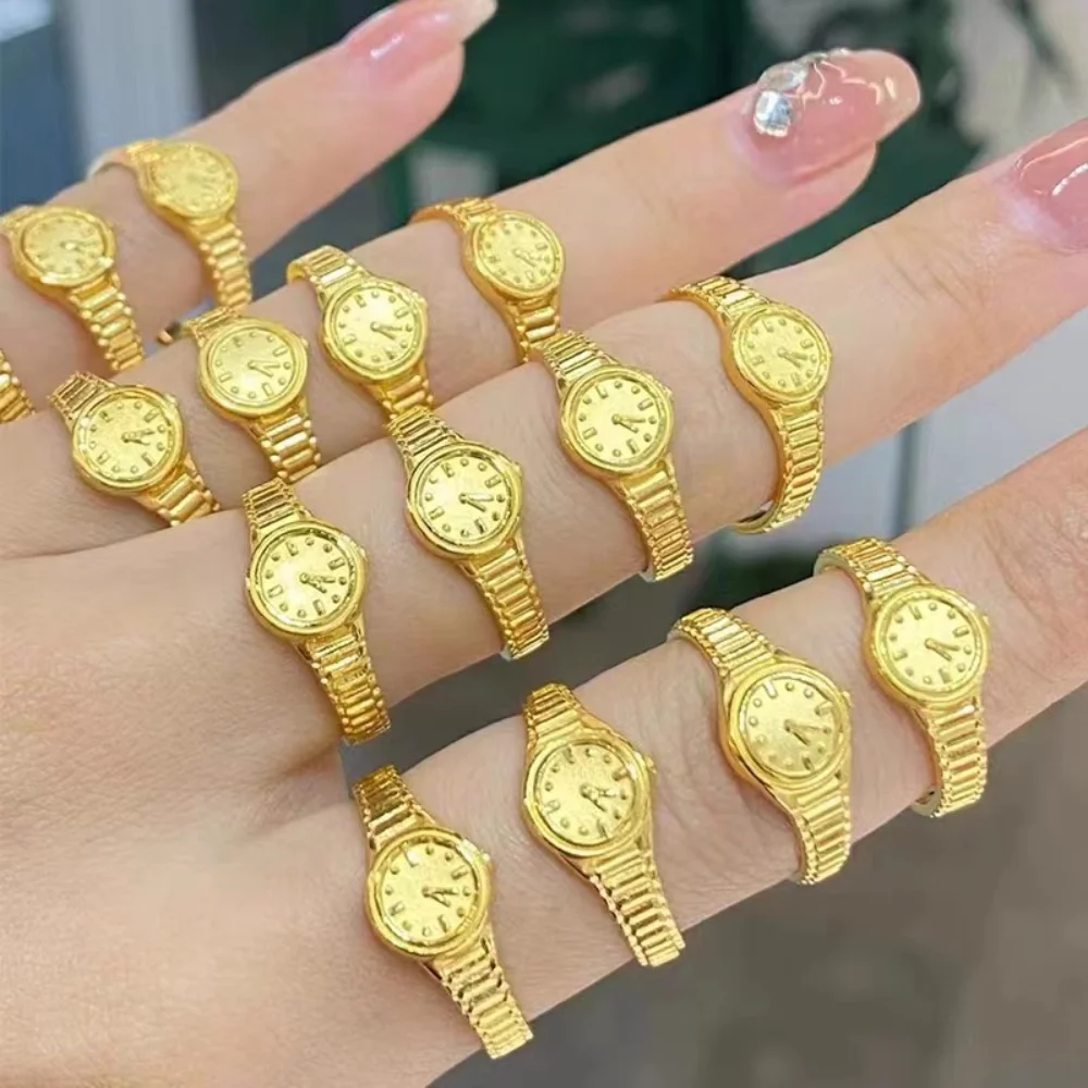 

Pure Copper 24K Gold Color 520 Small Watch Rings for Women Opening Finger Ring Creative Engagement Weding Ring Jewelry Gift