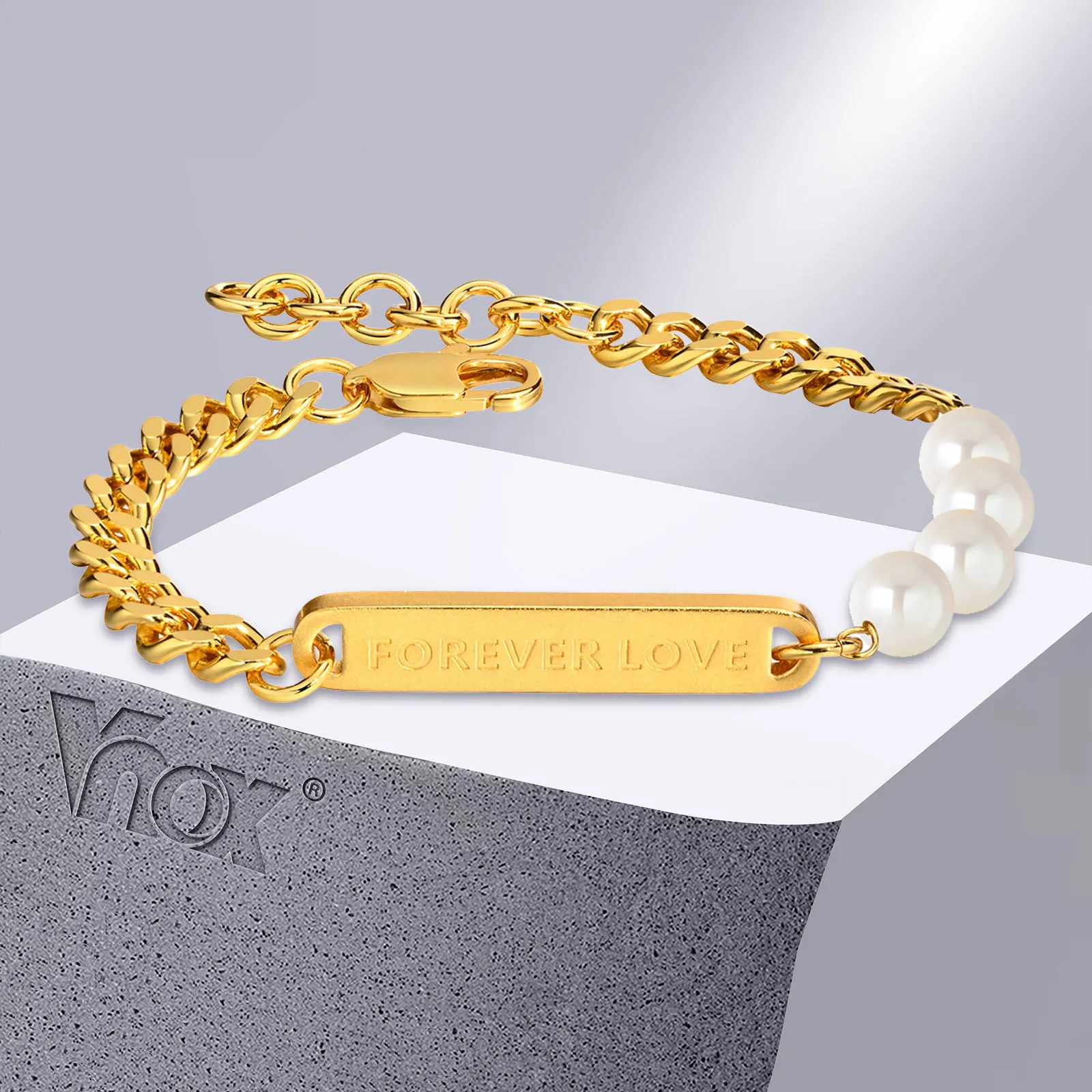 

Vnox Forever Love Bar Bracelets for Women, Gold Color Stainless Steel Cuban Chain Bracelet, Valentine's Day Gift for Her