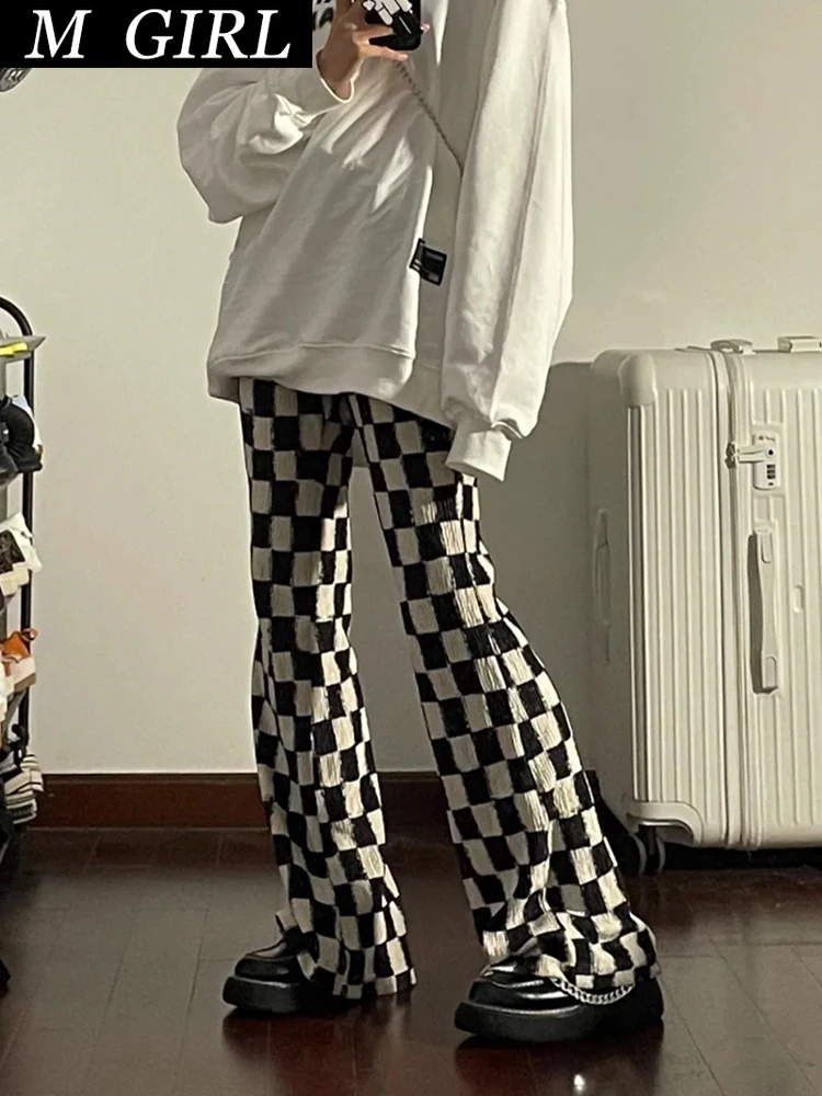 

M GIRLS Checkerboard Plaid Casual Pants Women Spring Autumn New Retro American Fashion High-Waisted Wild Long-Leg Flared Trouse