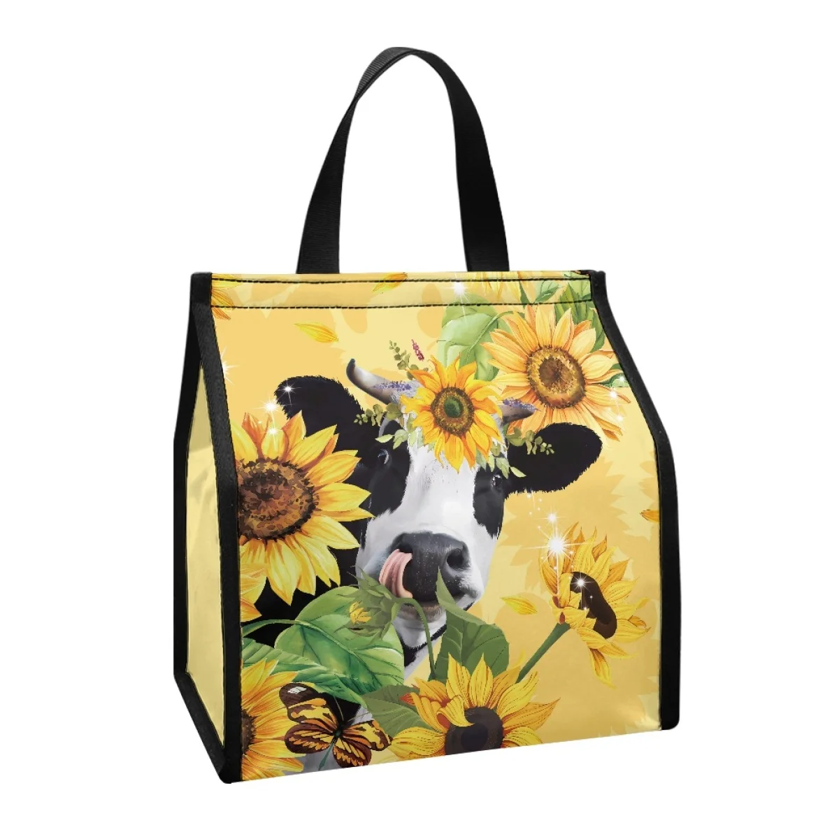 

FORUDESIGNS Funny Cow Sunflower Printing Cooler Bags Portable Thermal Lunch Case Insulated Freezer Bag Velcro Camping Picnic Box