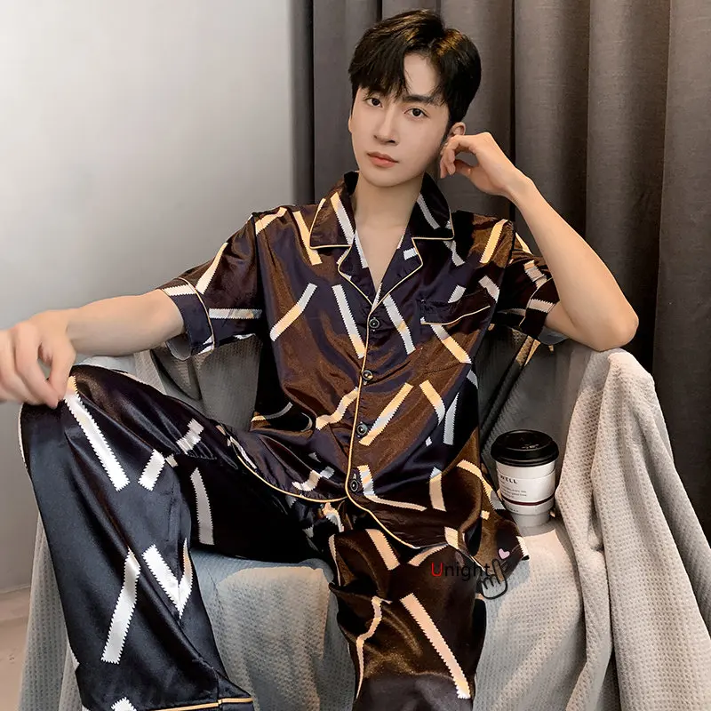 Spring Summer Man Pajama Sets Silk Sleepwear Pajamas for Men Plus Size Home Clothing Pyjamas Suit Home Wear Loungewear Homesuits