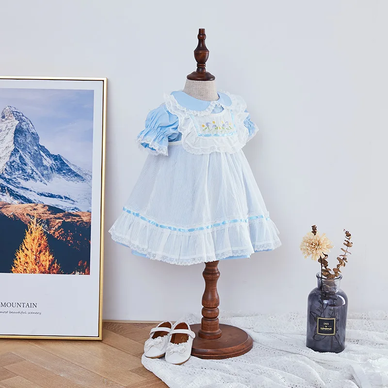 

2Pcs Children Spanish Boutique Clothes Girl Baby Embroidery Dresses Toddler Girls Peter Pan Collar LHT037