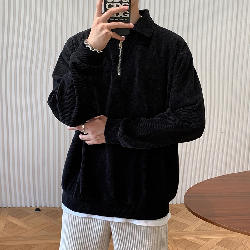 

Corduroy half-zip polo neck sweater versatile coat