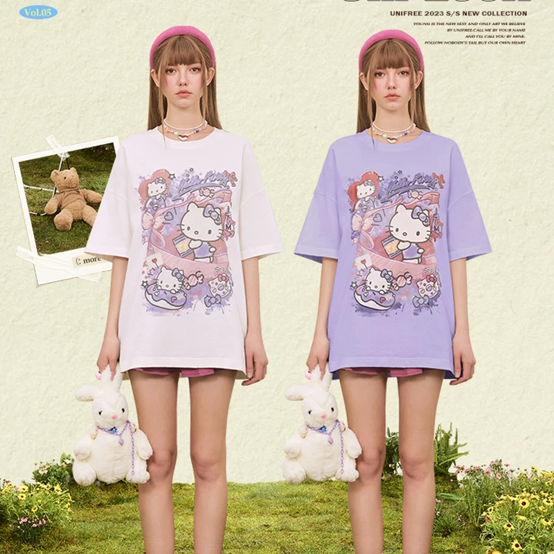 

Kawaii Sanrio Hello Kitty Cartoon Print Loose T-Shirt Summer Cute Girls Y2K Fashionable Cotton Tops Clothing Girls Gifts