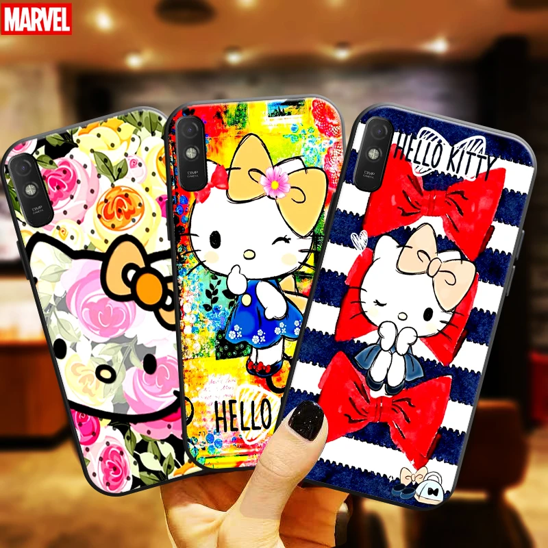 Cute Hello Kitty Phone Case For Xiaomi Redmi 9A 9AT Coque Back Soft Carcasa Black Silicone Cover
