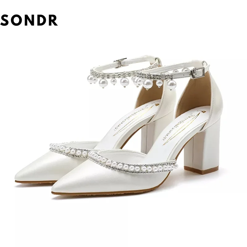 

Туфли на каблуке для женщин, дизайнерские туфли-лодочки на высоком каблуке, свадебные туфли с ремешком и жемчугом, сандалии на толстой подош...