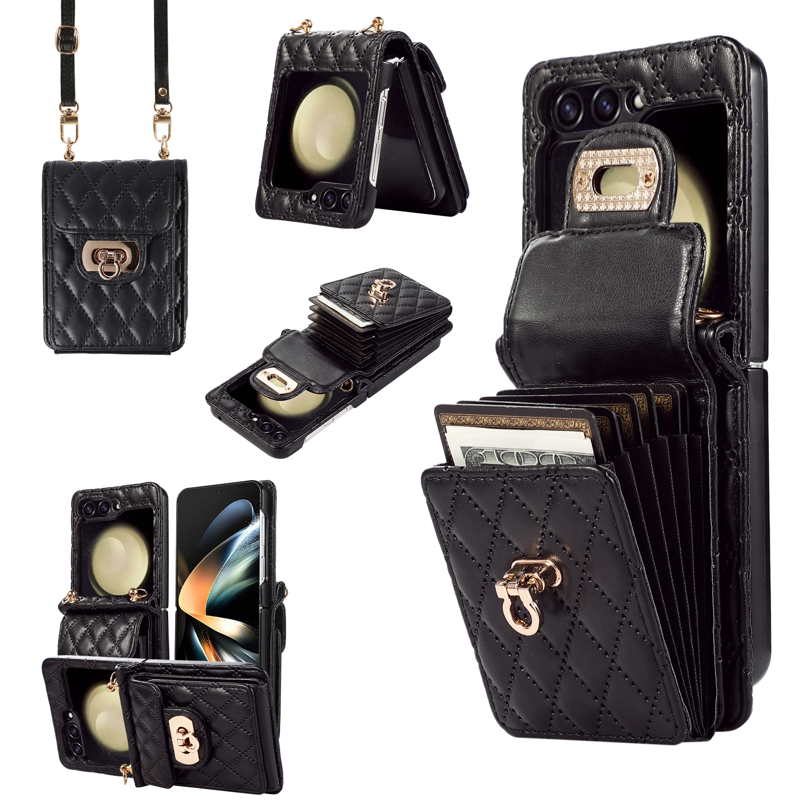 

Luxury Leather Cover for Samsung Galaxy Z Flip 5 4 3 Flip5 Flip4 Flip3 5G Crossbody Wallet Phone Case Organ Card Holder Lanyard