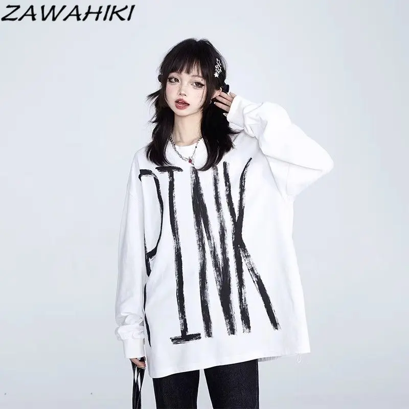 

Свитшот женский свободного покроя в стиле оверсайз с длинными рукавами и графическим принтом