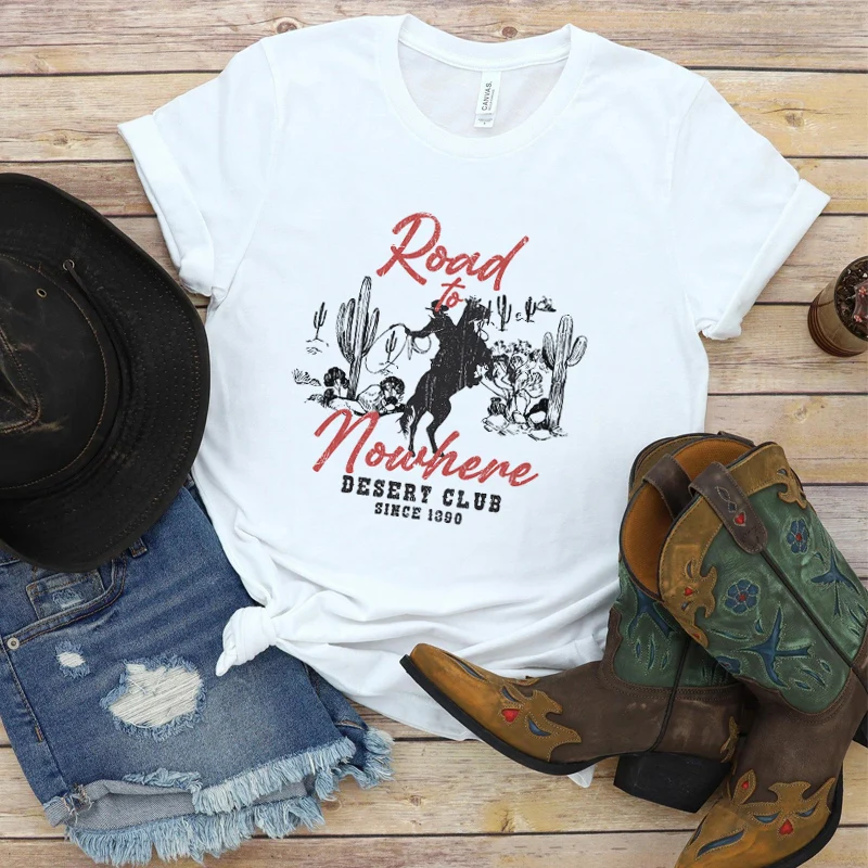Road To Nowhere Western Vintage Tshirt Femme Short Sleeve Rodeo Cowboy Desert Graphic Tees Women Cowgirl Retro Boho T-Shirt Top