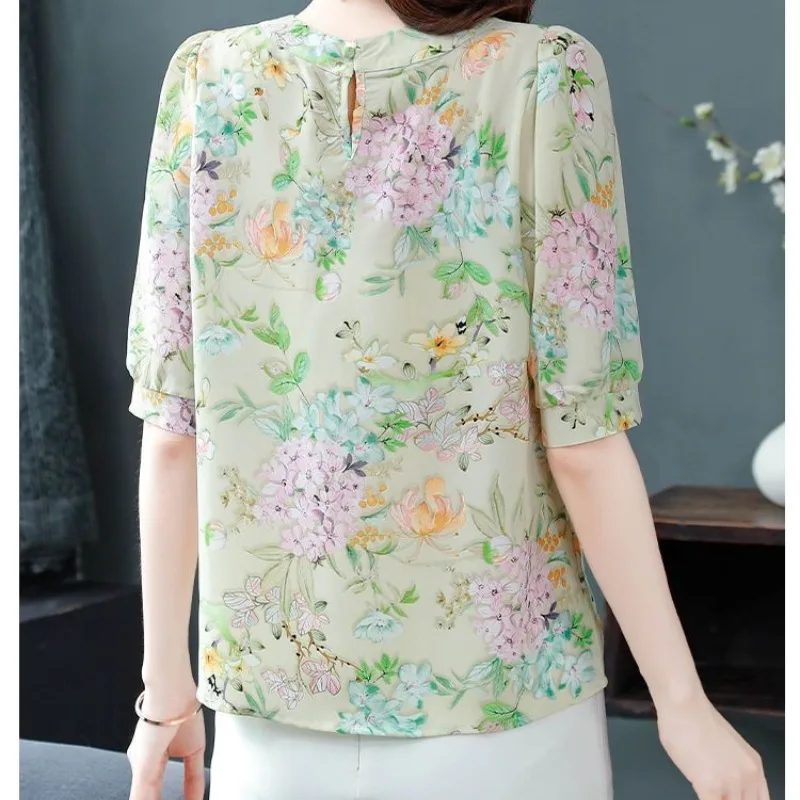 Блузка женская шифоновая с цветочным принтом модный Свободный пуловер круглым