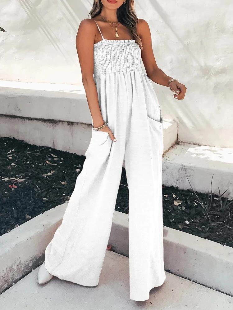 Women Sexy Suspenders Backless Jumpsuits Sleeveless Pocket Ruffles Bodycon Casual Wide Leg Pants Solid Color Ladies New Overalls