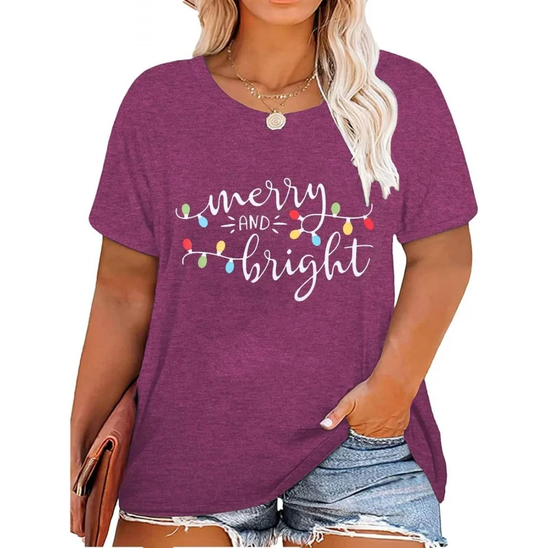 

Plus-size WOMEN'S autumn/winter long-sleeved T-shirt Christmas cartoon Santa hanging lights retro neutral casual style roun