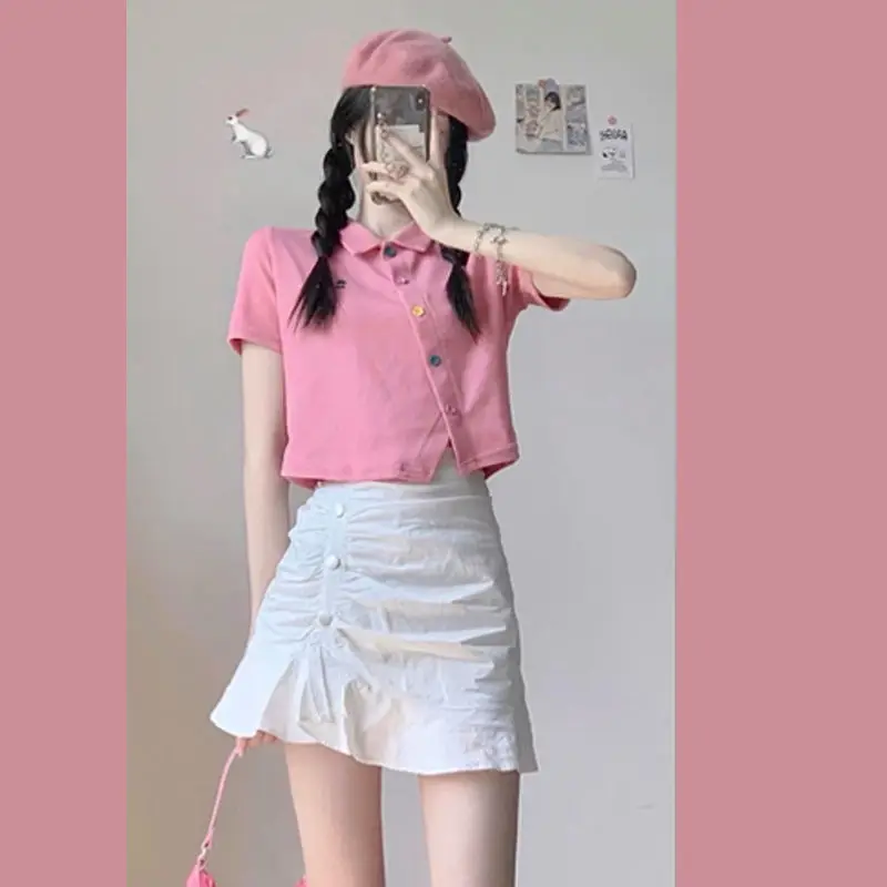 

Dress Sets Women Skirts Sweet Pink Crop T-shirs Asymmetrical Folds Mini High Waist Slim Streetwear College Two Pieces Casaul