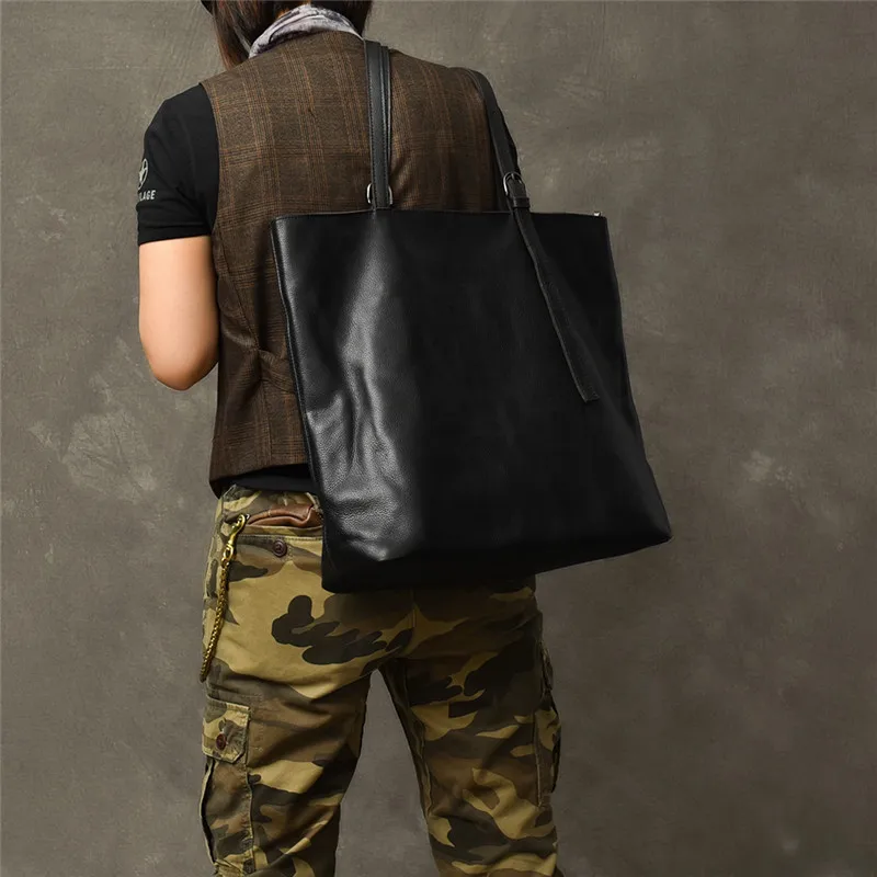 Genuine leather large capacity men's tote bag fashion casual simple high quality soft real cowhide black shoulder shopping bag