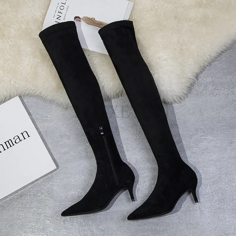 Women Winter Long Boots Slim High Heel Suede Stretched Over Knee Long Boots Sexy Pointed Down Thigh Long Boots Fashion New Style
