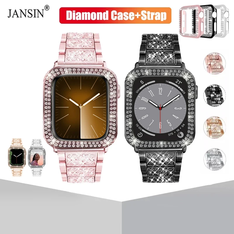 

Diamond Case+Strap For Apple Watch 41mm 45mm 42mm 38mm 44mm 40mm Women Luxury Strap Metal Bracelet For iWatch Series 9 8 7 SE 6