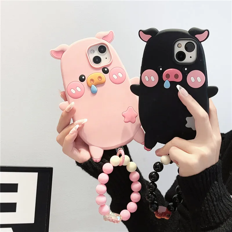 

3D Cute Pink Lover Pig Pattern Bracelet Chain Phone Cases For iPhone 14 13 13Pro X XR XSmax 12 11Pro Max Silicone Soft TPU Cover