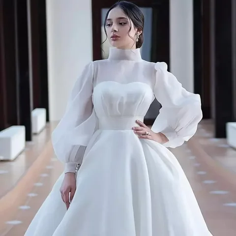 Свадебные платья с высоким воротом и длинными рукавами по индивидуальному заказу, халаты со шлейфом De Mariage, трапециевидные свадебные платья больших размеров